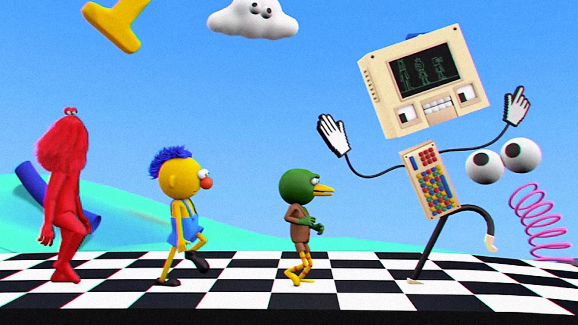 a cartoon computer enthusiastically leads a collection of cartoon animals and muppets through a cartoon digital landscape