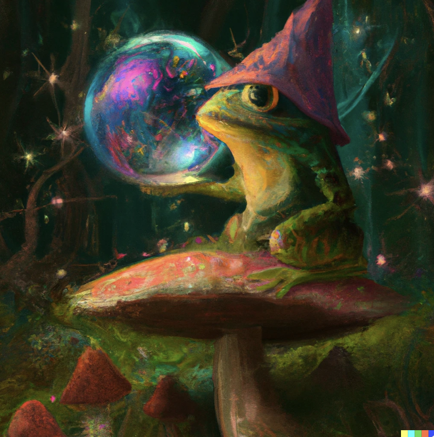 a frog wizard sitting on a toadstool wearing a hat and holding a crystal ball as illustrated by ChatGPT as an oil painting