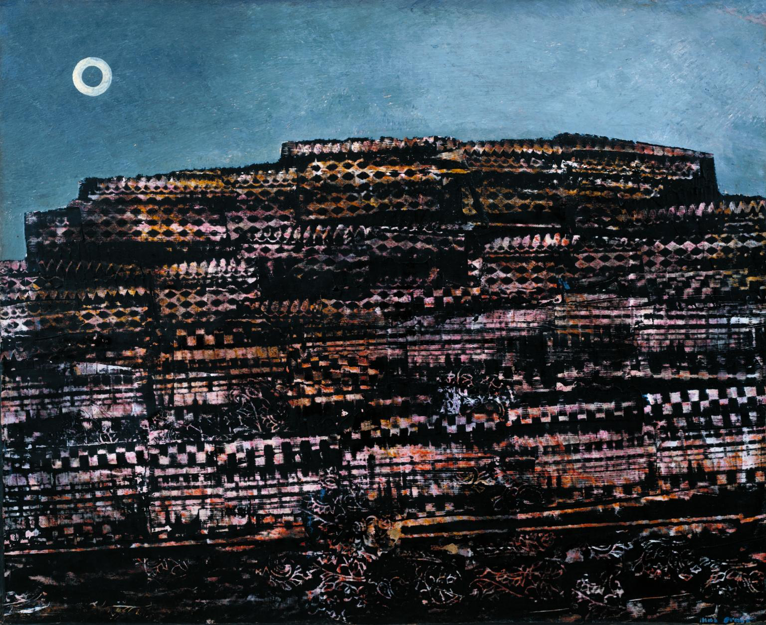 A crumbling city looms oppressively below the ring-shaped moon. Ernst made a whole series of such works. The imagery may reflect his pessimism as Nazism took hold in his native Germany. The ruined cityscape was created using a technique that Ernst called ‘grattage’ (scraping). It involved placing the canvas over planks of wood or other textured surfaces, then scraping paint across it. The shapes that emerged formed the basis of the image. Grattage was one of a number of techniques that Surrealist artists explored as a way of letting a chance element into their work.