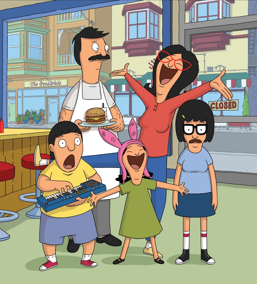 five characters who are family members of the the TV show bob’s burgers expressing a variety of emotions and striking different poses.
